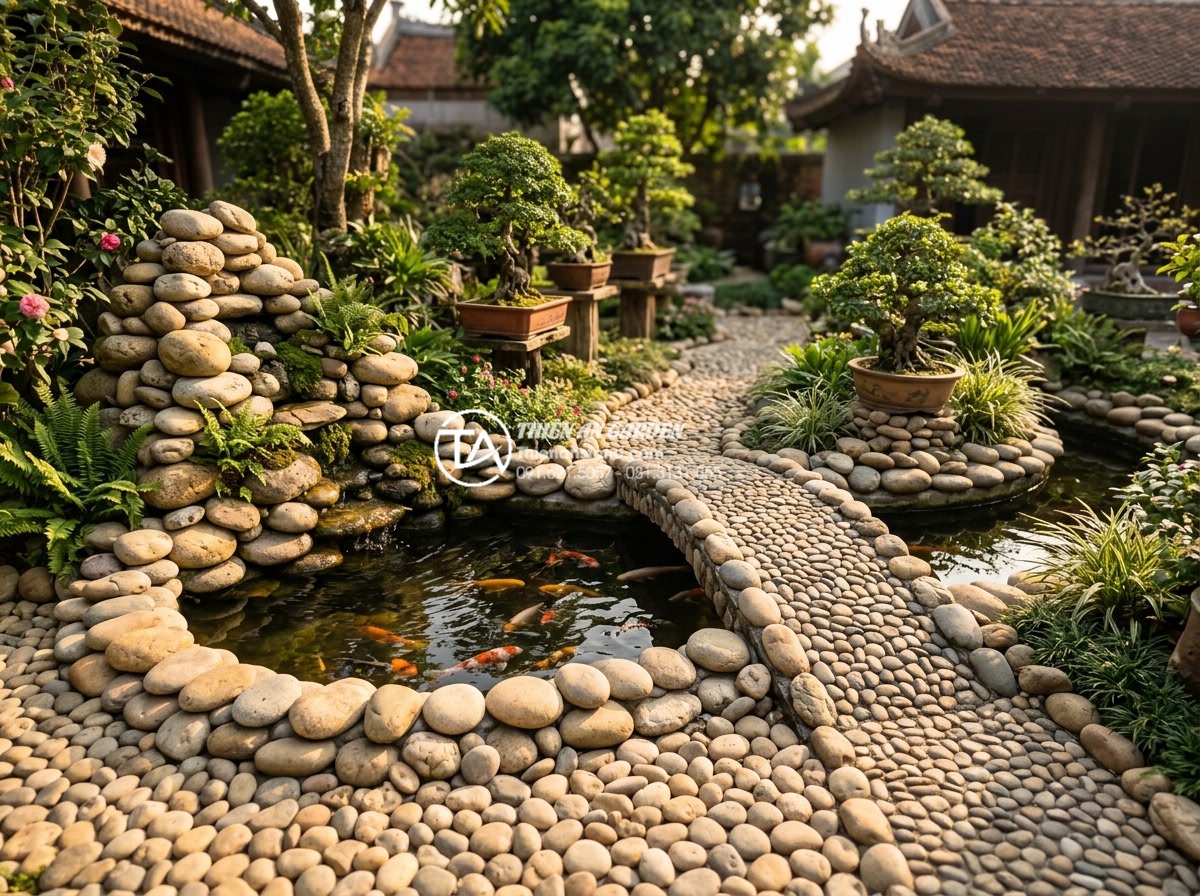 Hòn non bộ mini: Giải pháp tối ưu cho không gian sân vườn diện tích nhỏ - Realistic professional image of a compact garden featuring mini rockery seamless