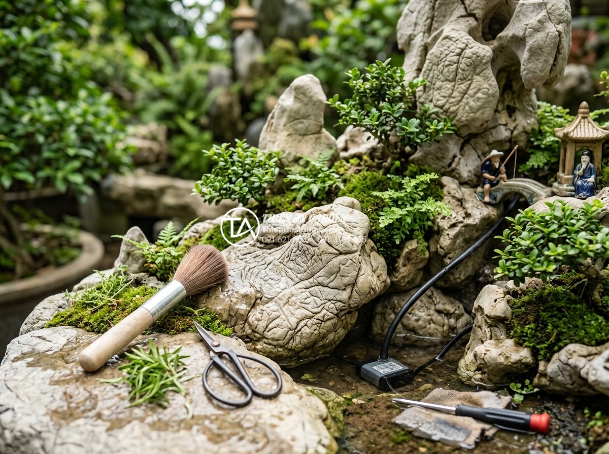 Hòn non bộ mini: Giải pháp tối ưu cho không gian sân vườn diện tích nhỏ - Realistic close-up photo of maintenance work on a mini rockery: technician clean