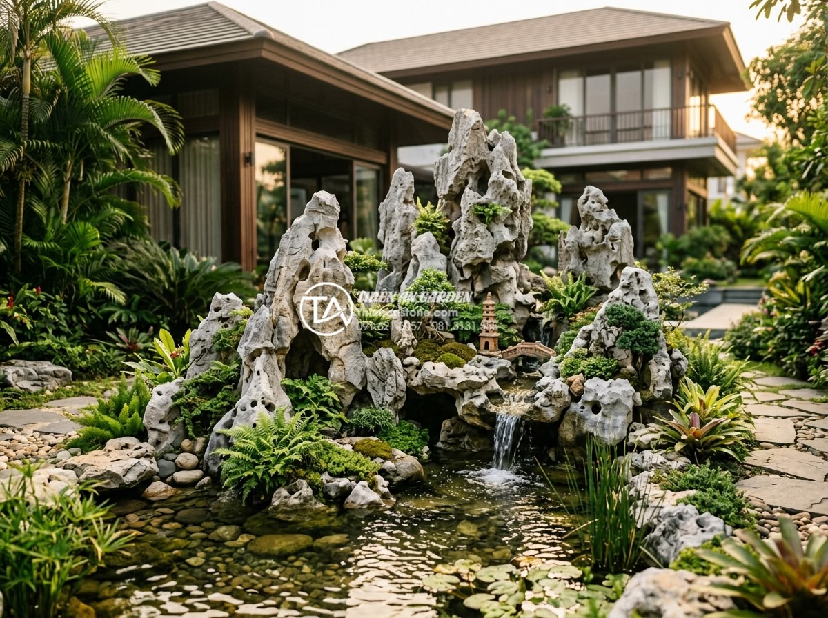 Hòn non bộ mini: Giải pháp tối ưu cho không gian sân vườn diện tích nhỏ - Professional realistic photograph of a luxurious completed mini rockery project 