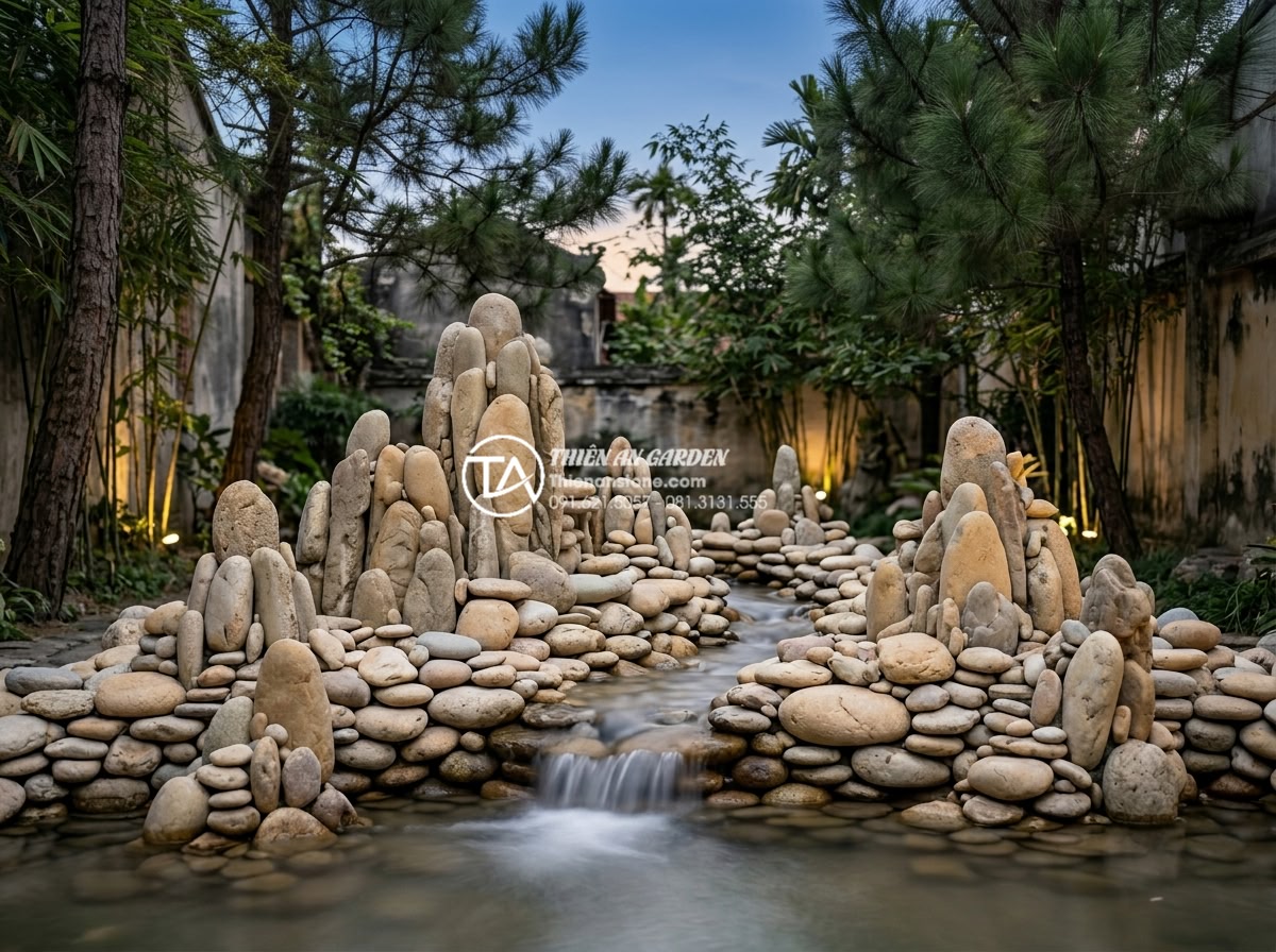 Hướng dẫn cách chọn đá làm hòn non bộ: Độ bền, thẩm mỹ và năng lượng - Serene twilight photography of zen-style hon non bo rock garden with carefully s