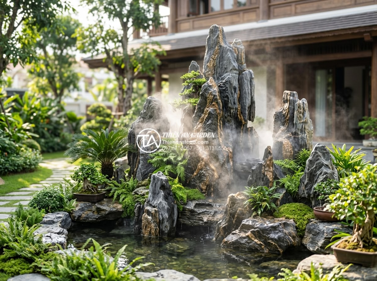 Hướng dẫn lắp đặt hệ thống phun sương tạo khói cho hòn non bộ huyền ảo - Hình 3 Hướng dẫn lắp đặt hệ thống phun sương tạo khói cho hòn non bộ huyền ảo - Daytime scene of luxurious villa garden featuring hon non bo with active misting