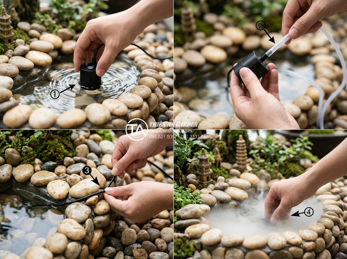 Hướng dẫn lắp đặt hệ thống phun sương tạo khói cho hòn non bộ huyền ảo - Hình 7 Hướng dẫn lắp đặt hệ thống phun sương tạo khói cho hòn non bộ huyền ảo - Step-by-step installation guide collage showing hands placing ultrasonic mist ma