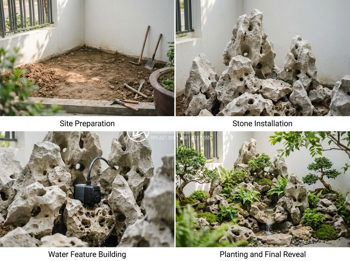Hướng dẫn thiết kế tiểu cảnh sân trước chuẩn phong thủy và kiến trúc - Step-by-step construction process collage of a front yard mini landscape project