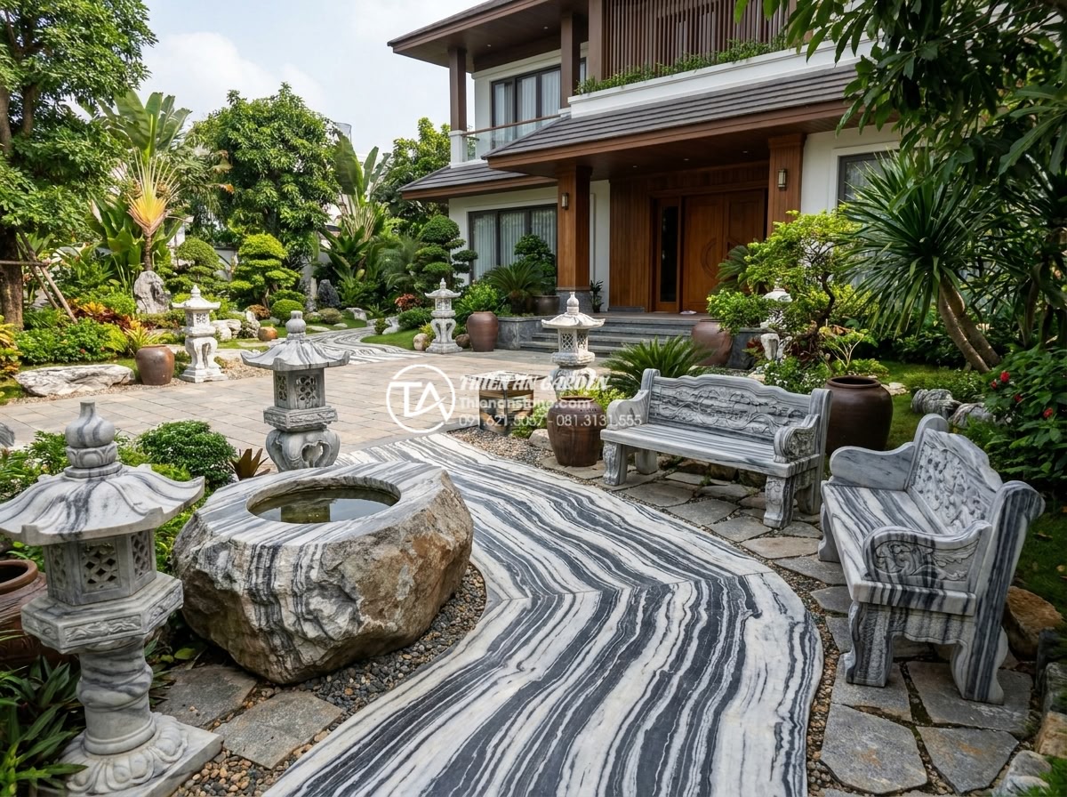 Hướng dẫn thiết kế tiểu cảnh sân trước chuẩn phong thủy và kiến trúc - Wide angle view of premium natural stone materials used in front yard design inc