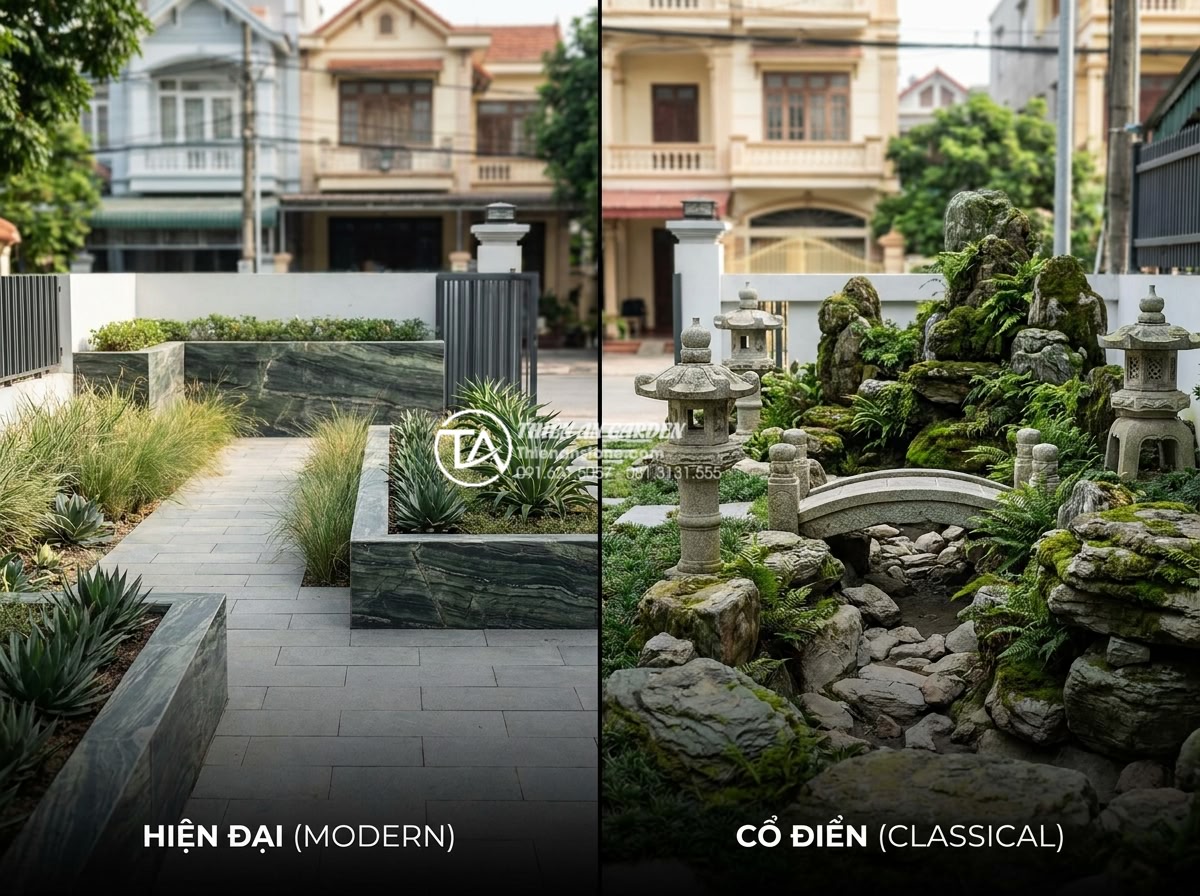 Hướng dẫn thiết kế tiểu cảnh sân trước chuẩn phong thủy và kiến trúc - Side-by-side comparison visual of modern front yard mini landscape with clean li