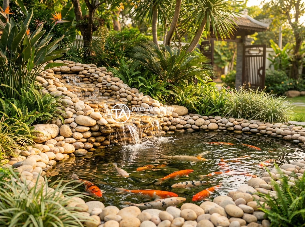 Hướng dẫn thiết kế tiểu cảnh sân trước chuẩn phong thủy và kiến trúc - Stunning front yard water feature with cascading natural stone waterfall, crysta