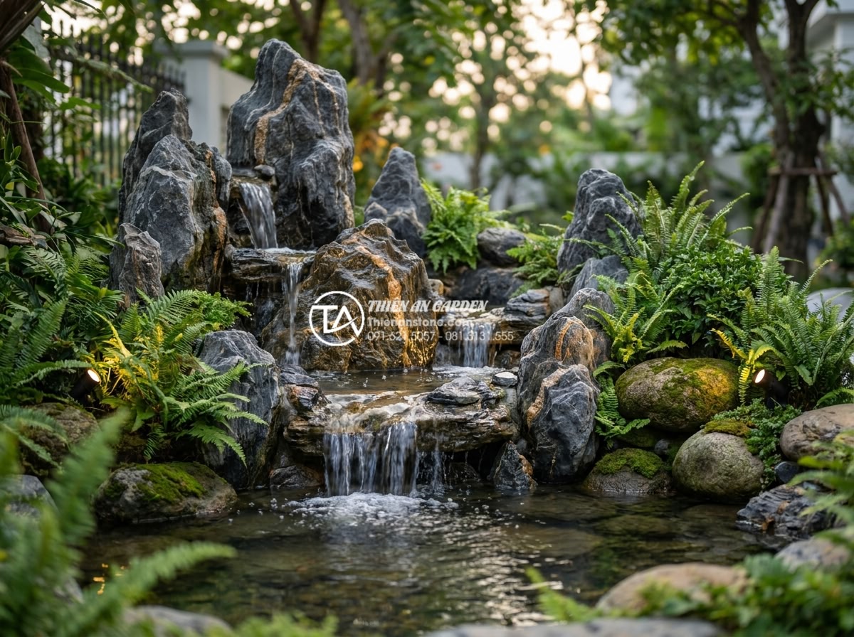 Hướng dẫn tự làm tiểu cảnh thác nước sân vườn đơn giản tại nhà - Beautiful backyard garden waterfall scene with natural stacked river stones crea