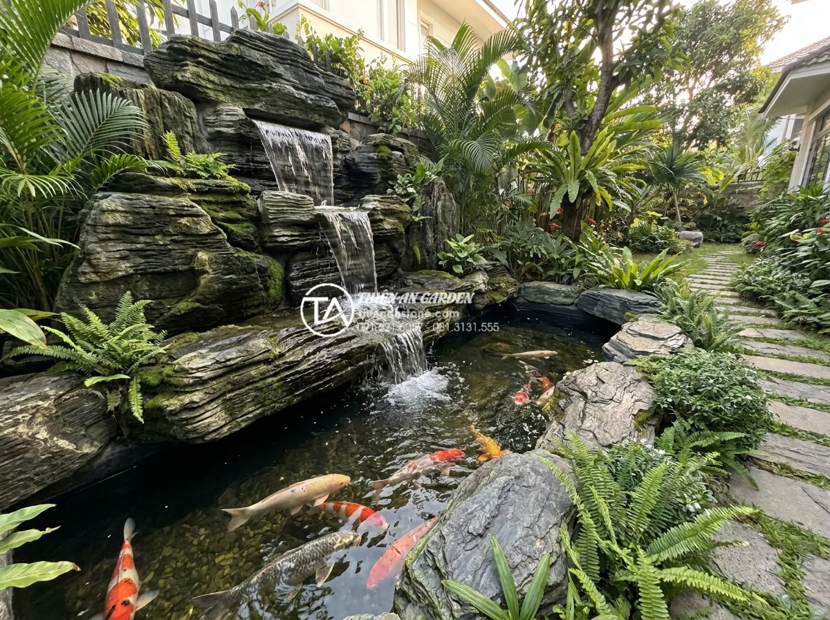 Hướng dẫn tự làm tiểu cảnh thác nước sân vườn đơn giản tại nhà - Professional team from natural stone company installing premium garden waterfall