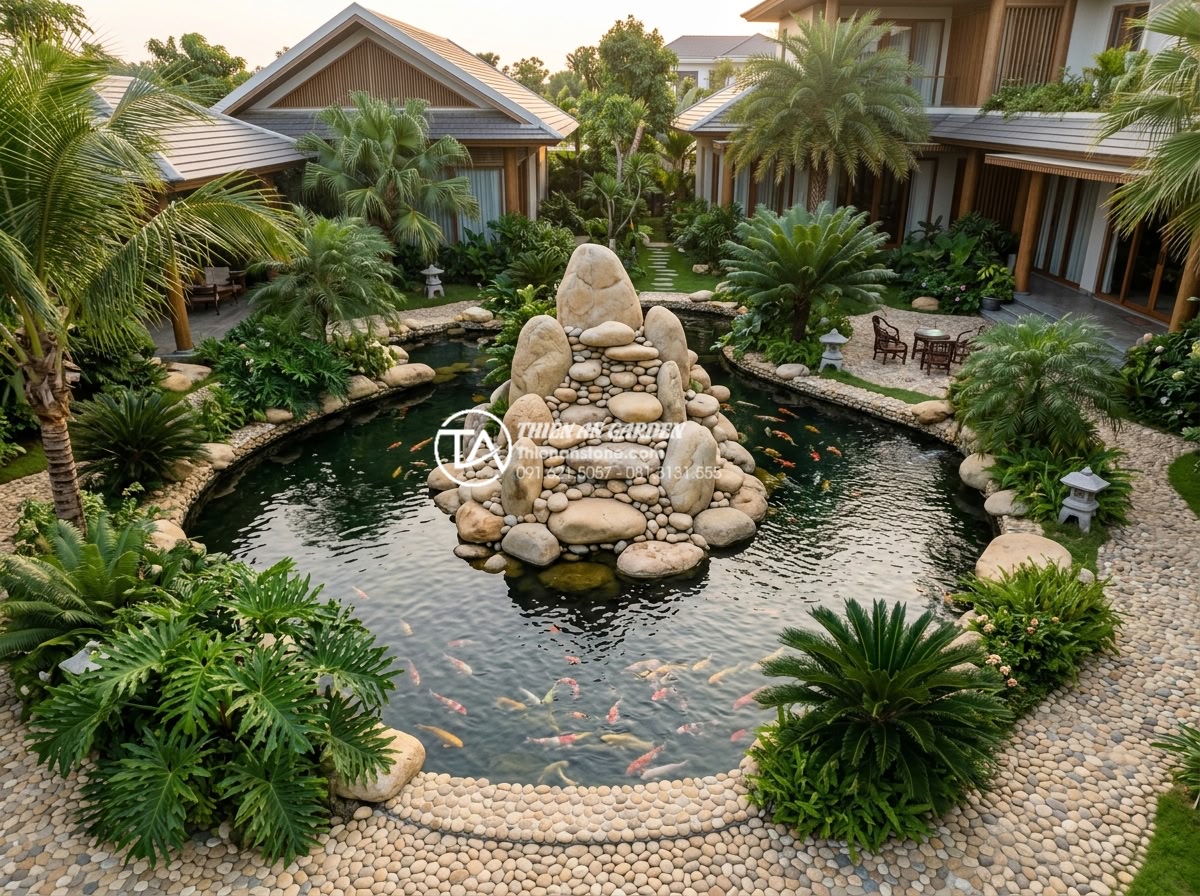 Kết hợp hồ cá Koi và tiểu cảnh non bộ: Thú chơi thượng lưu cho sân vườn - Aerial view of a luxurious Vietnamese villa backyard featuring a large integrate
