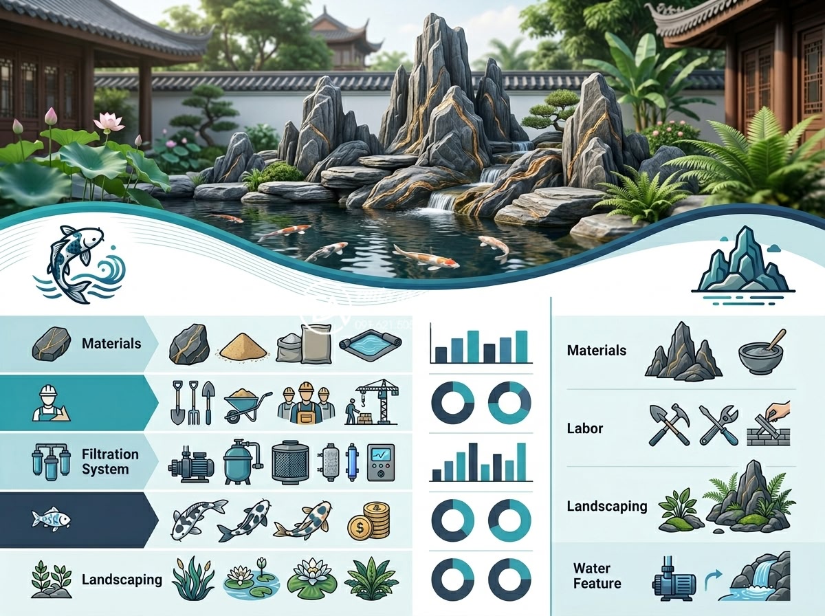 Kết hợp hồ cá Koi và tiểu cảnh non bộ: Thú chơi thượng lưu cho sân vườn - Professional infographic style image showing cost breakdown for luxury Koi pond 