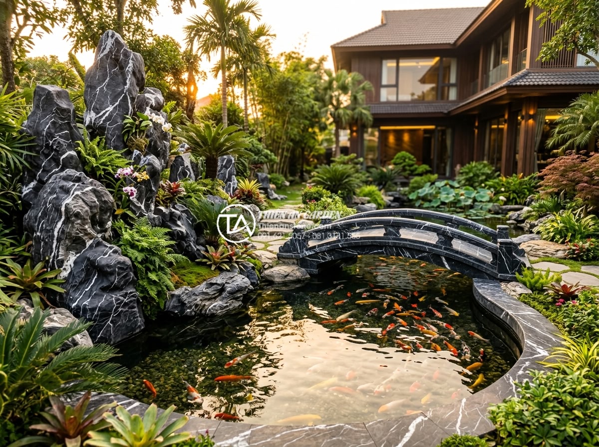 Kết hợp hồ cá Koi và tiểu cảnh non bộ: Thú chơi thượng lưu cho sân vườn - Stunning completed luxury garden scene with integrated Koi pond and non-bo rocke