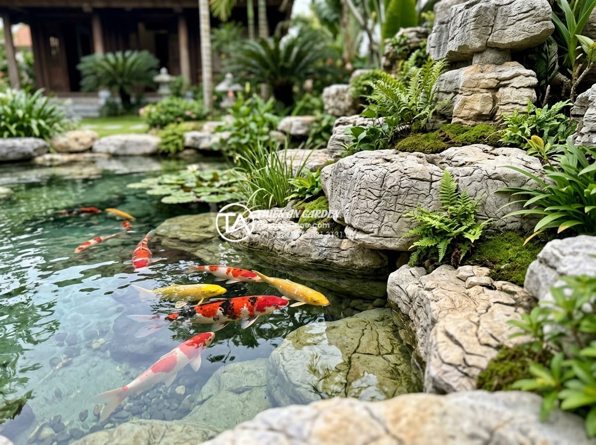 Kết hợp hồ cá Koi và tiểu cảnh non bộ: Thú chơi thượng lưu cho sân vườn - Close-up of healthy vibrant Koi fish swimming in crystal clear water next to bea