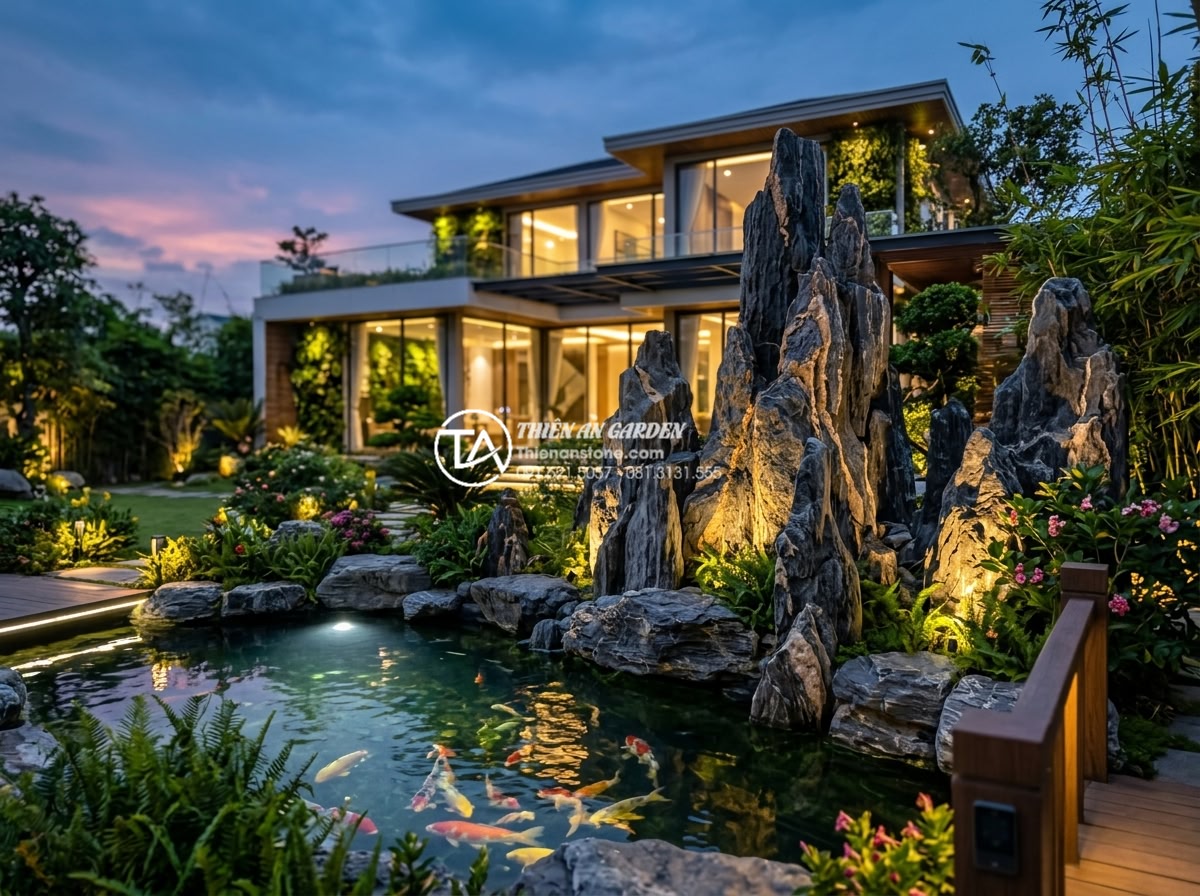 Kết hợp hồ cá Koi và tiểu cảnh non bộ: Thú chơi thượng lưu cho sân vườn - Modern luxury Vietnamese garden of the future with advanced Koi pond and elegant
