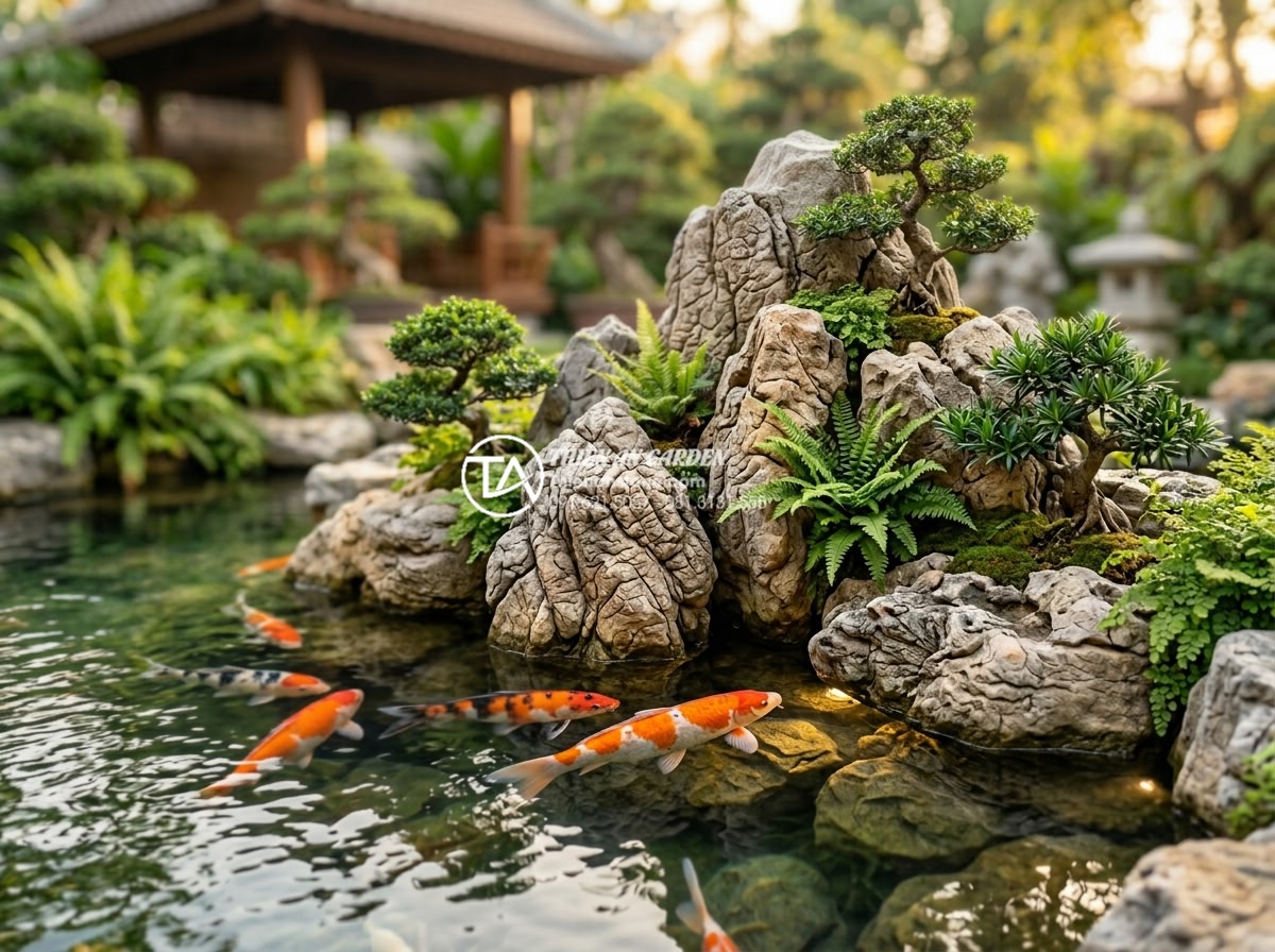 Kết hợp hồ cá Koi và tiểu cảnh non bộ: Thú chơi thượng lưu cho sân vườn - Close-up professional photograph of a premium Koi pond integrated with hand-carv