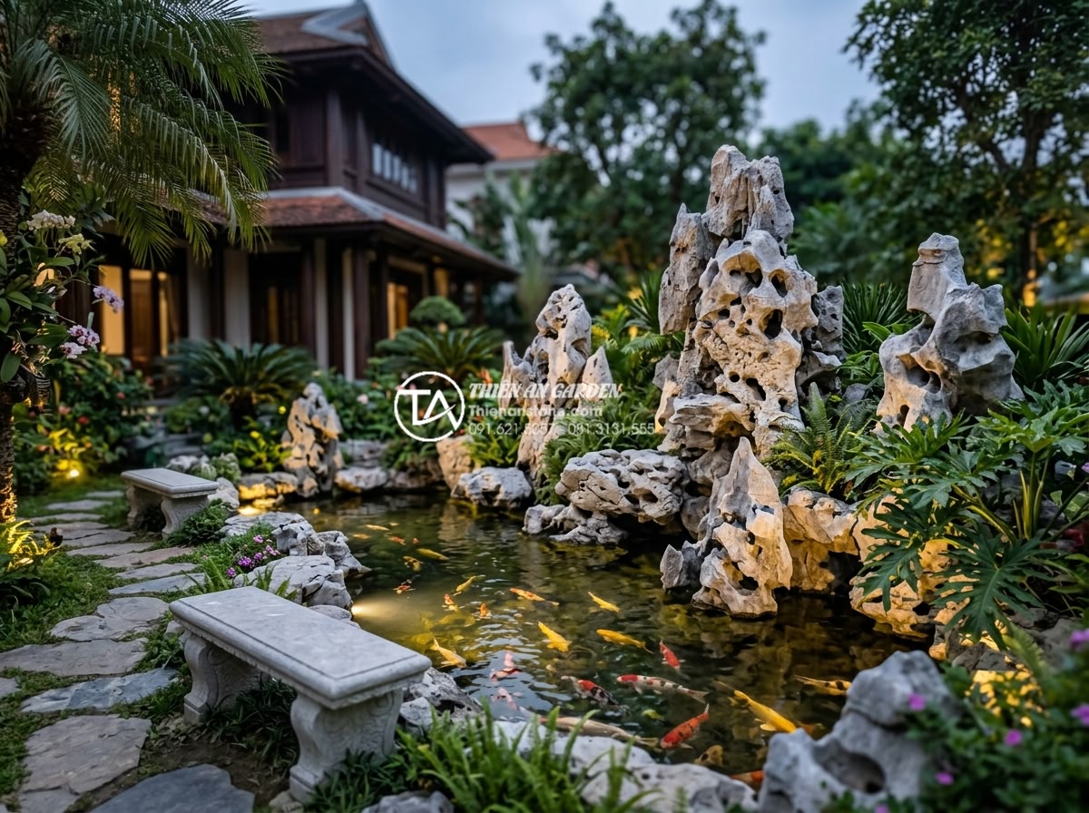 Kết hợp hồ cá Koi và tiểu cảnh non bộ: Thú chơi thượng lưu cho sân vườn - Serene evening scene of an upscale Vietnamese garden with Koi pond and natural s