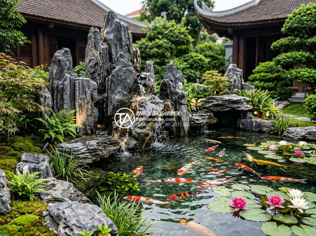 Kết hợp hồ cá Koi và tiểu cảnh non bộ: Thú chơi thượng lưu cho sân vườn - Detailed view of a high-end Koi pond with integrated non-bo rockery made from pr