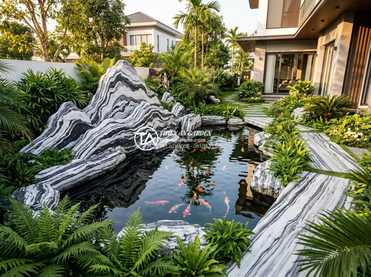 Kết hợp hồ cá Koi và tiểu cảnh non bộ: Thú chơi thượng lưu cho sân vườn - Professional architectural rendering of a modern Vietnamese garden design showin