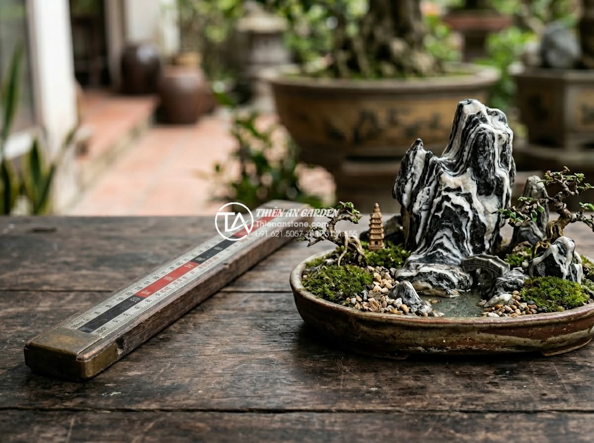 Kích thước hòn non bộ theo lỗ ban: Bí quyết chọn thông số chuẩn phong thủy - High-resolution professional photograph of an authentic Lu Ban ruler (Feng Shui 