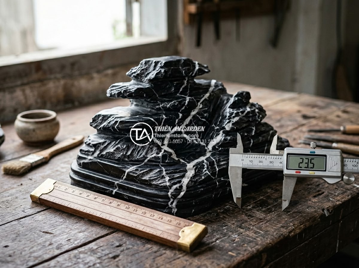 Kích thước hòn non bộ theo lỗ ban: Bí quyết chọn thông số chuẩn phong thủy - Close-up professional studio shot of a precisely measured non-bo rockery base sh