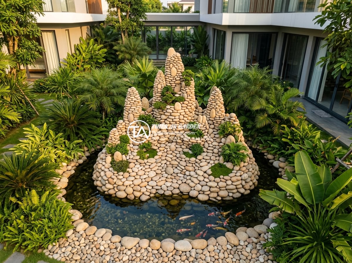 Kích thước hòn non bộ theo lỗ ban: Bí quyết chọn thông số chuẩn phong thủy - Professional aerial drone photography of a perfectly proportioned non-bo install