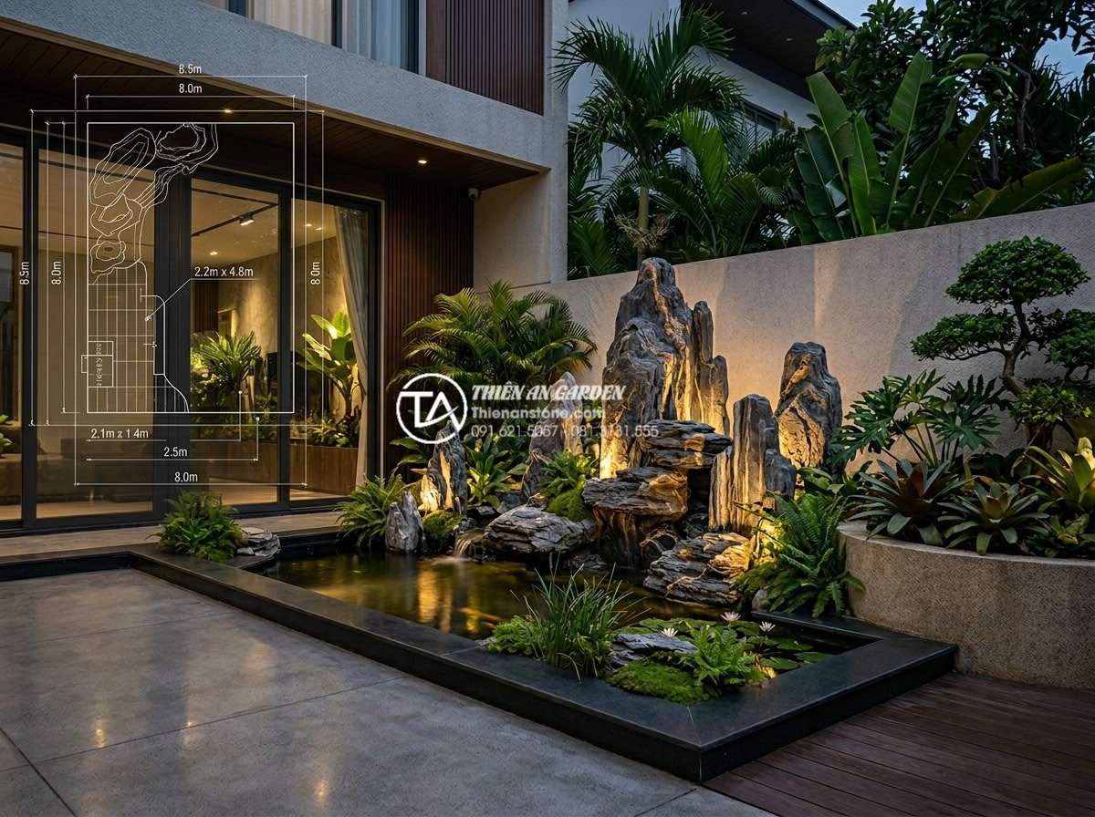 Kích thước hòn non bộ theo lỗ ban: Bí quyết chọn thông số chuẩn phong thủy - Modern contemporary garden design photography featuring a sleek non-bo rockery i