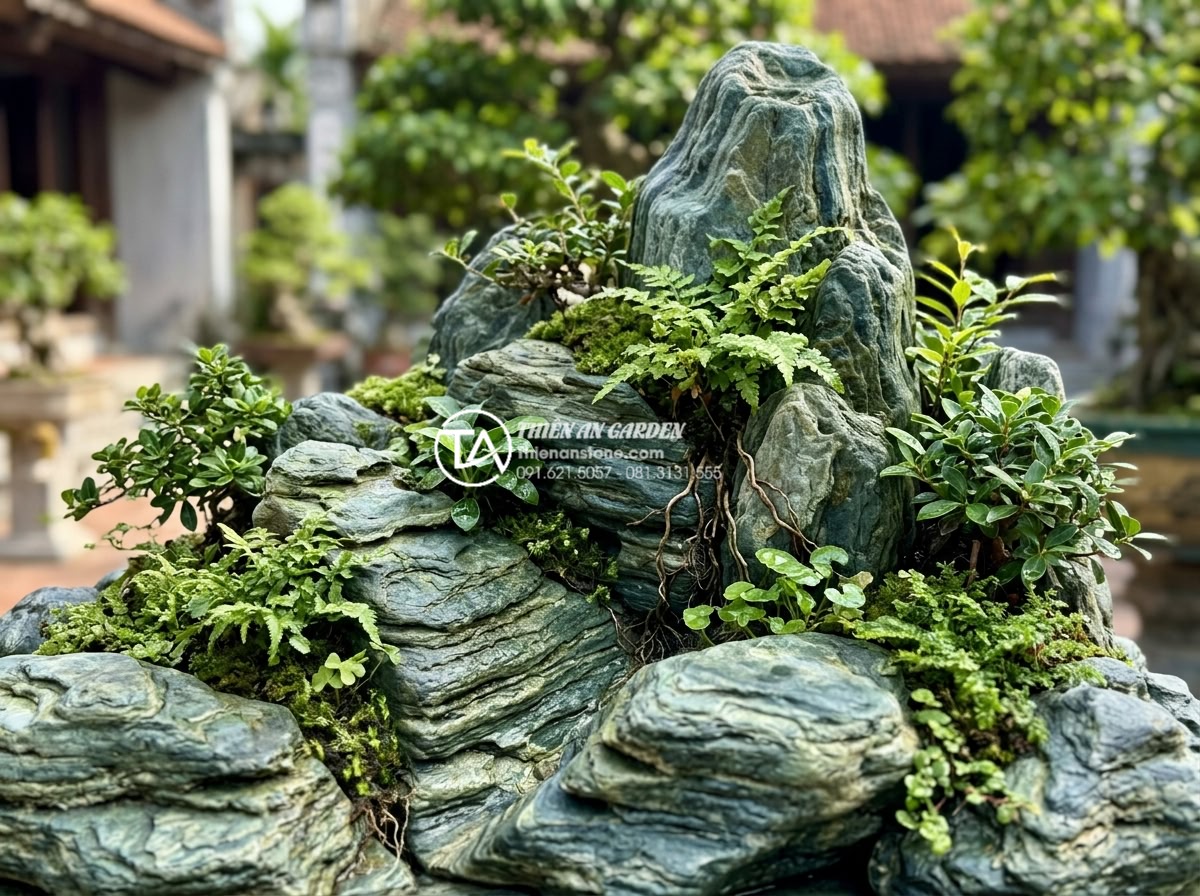 Kinh nghiệm chọn cây trồng trên hòn non bộ giúp cây xanh tốt quanh năm - Detailed professional shot of carefully selected plants thriving on carved natur