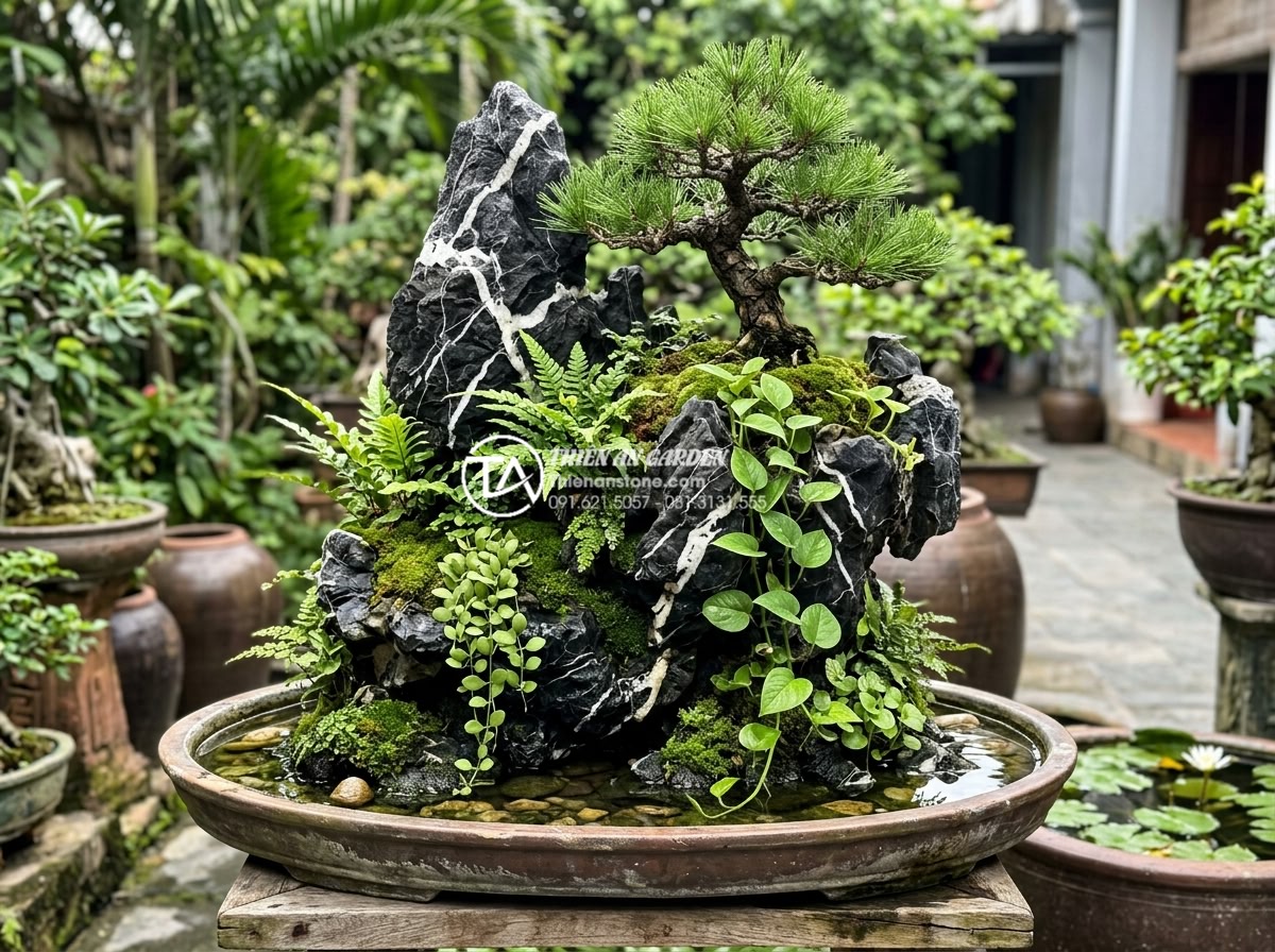 Kinh nghiệm chọn cây trồng trên hòn non bộ giúp cây xanh tốt quanh năm - Beautiful composition of multiple plant varieties on a single hon non bo stone s