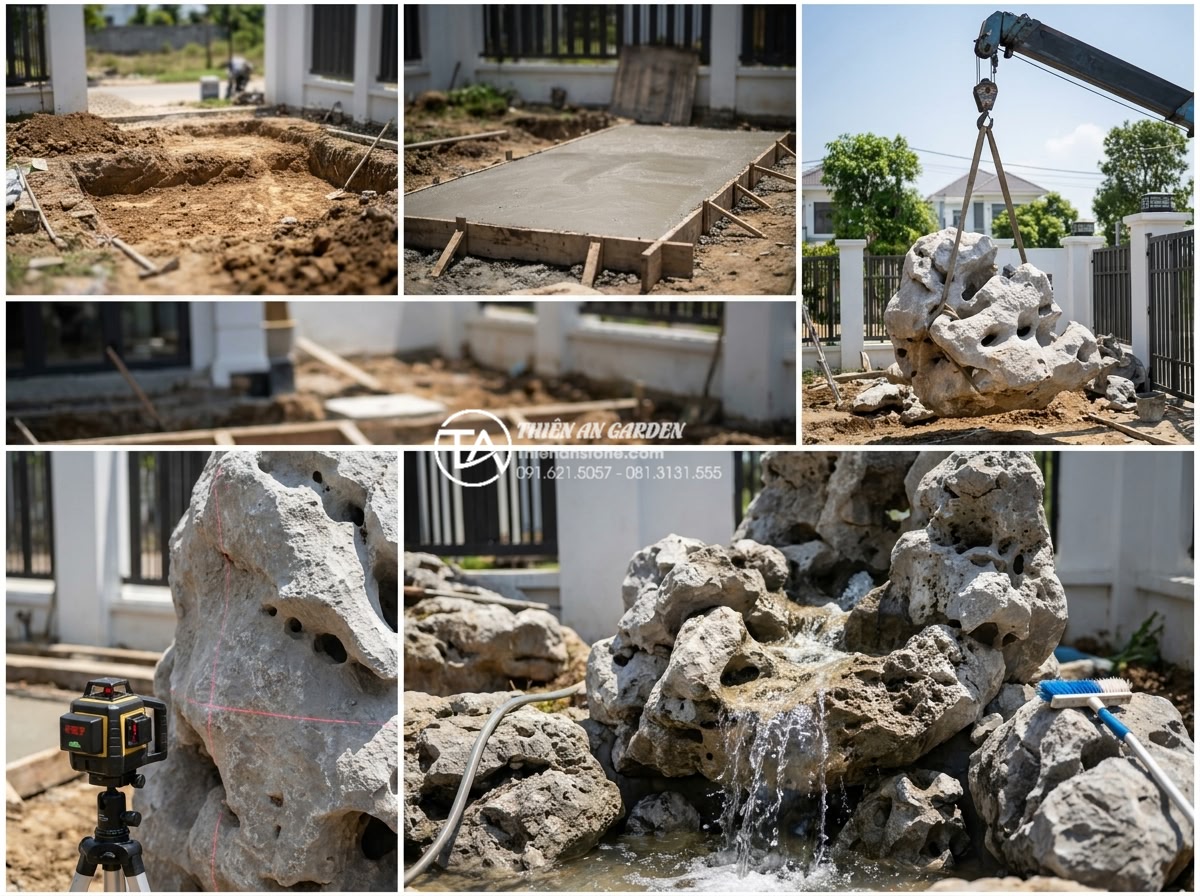 Kỹ thuật gắn đá và tạo hình tảng đá trong tiểu cảnh sân trước nghệ thuật - Hình 6 Kỹ thuật gắn đá và tạo hình tảng đá trong tiểu cảnh sân trước nghệ thuật - Step-by-step professional construction photography of luxury stone garden instal