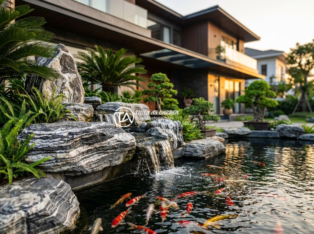 Kỹ thuật gắn đá và tạo hình tảng đá trong tiểu cảnh sân trước nghệ thuật - Hình 8 Kỹ thuật gắn đá và tạo hình tảng đá trong tiểu cảnh sân trước nghệ thuật - Luxury resort style photograph of an integrated koi pond and artistic stone land