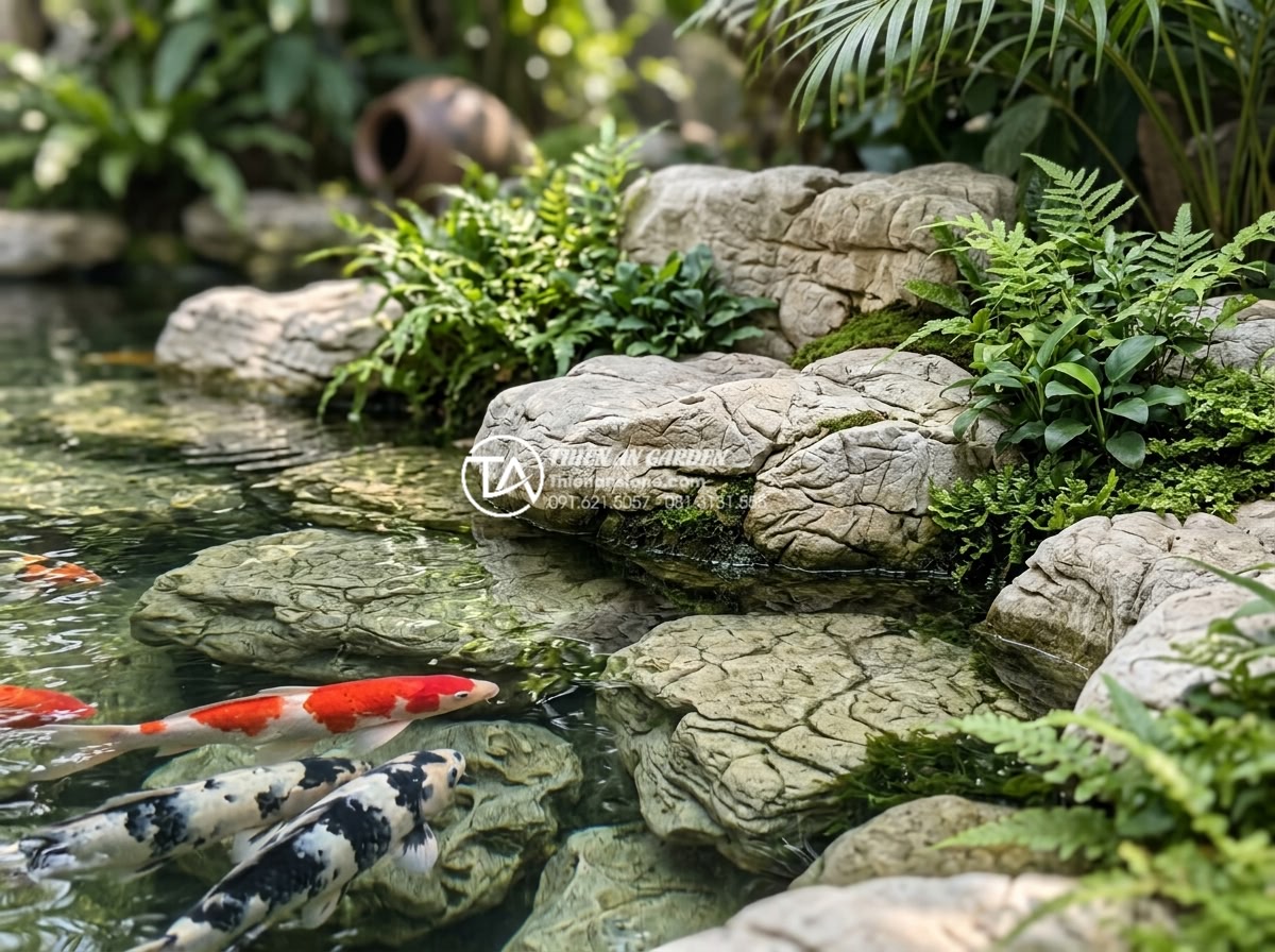 Kỹ thuật sắp đặt đá cuội và đá lũa cho tiểu cảnh bể cá đẹp tự nhiên - Hình 2 Kỹ thuật sắp đặt đá cuội và đá lũa cho tiểu cảnh bể cá đẹp tự nhiên - Professional close-up photograph of a luxury koi pond showcasing intricate arran