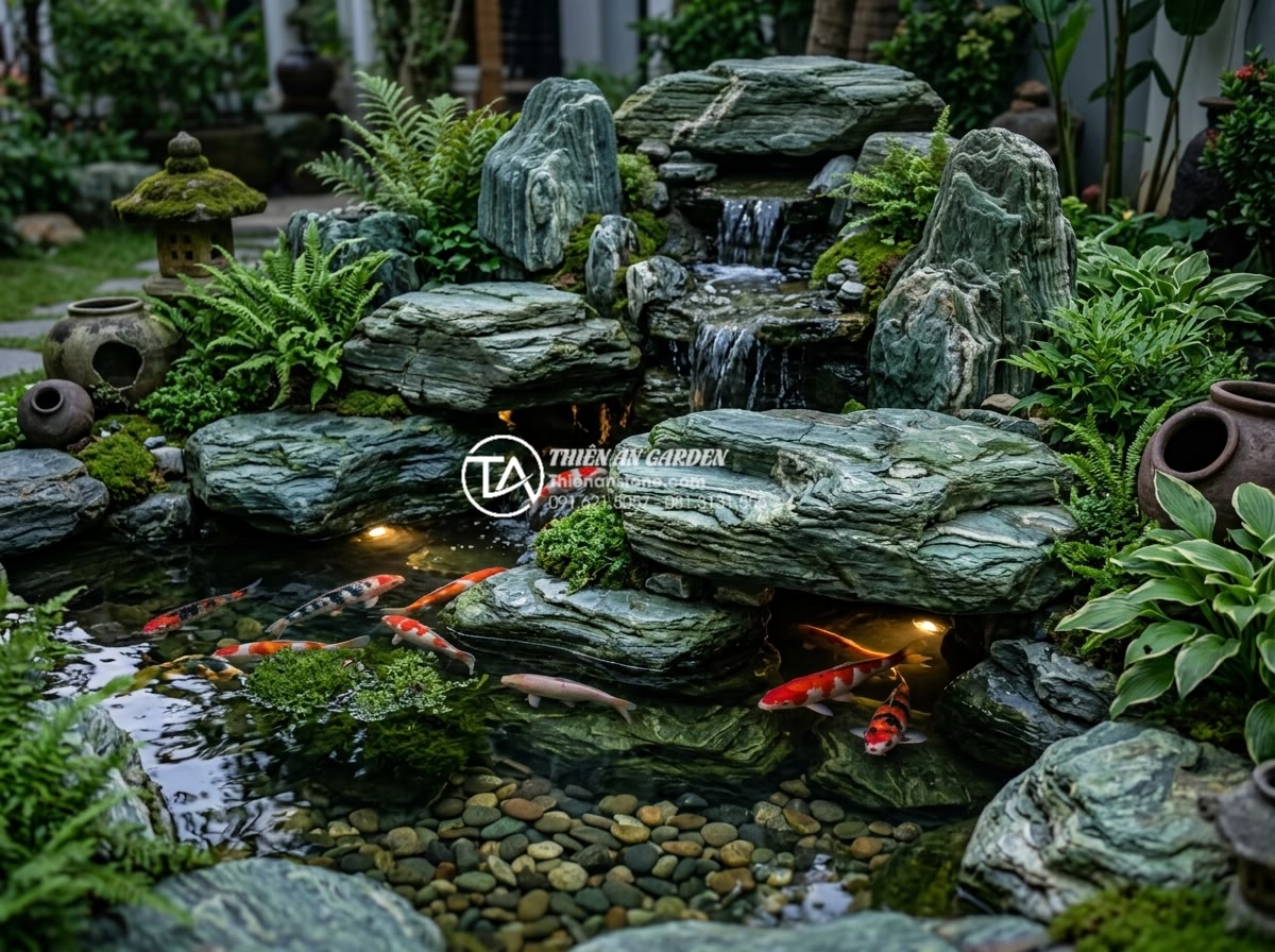 Kỹ thuật sắp đặt đá cuội và đá lũa cho tiểu cảnh bể cá đẹp tự nhiên - Hình 6 Kỹ thuật sắp đặt đá cuội và đá lũa cho tiểu cảnh bể cá đẹp tự nhiên - Dramatic professional photograph of a stunning koi pond feature with large porou