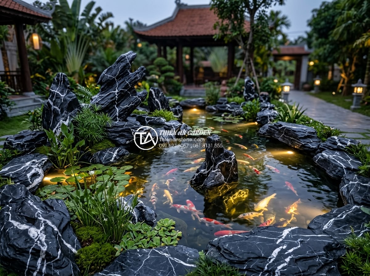 Kỹ thuật sắp đặt đá cuội và đá lũa cho tiểu cảnh bể cá đẹp tự nhiên - Hình 7 Kỹ thuật sắp đặt đá cuội và đá lũa cho tiểu cảnh bể cá đẹp tự nhiên - Beautiful evening photograph of a luxury Vietnamese koi fish pond featuring harm