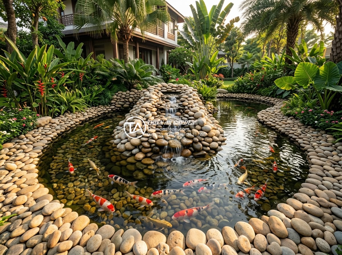 Kỹ thuật sắp đặt đá cuội và đá lũa cho tiểu cảnh bể cá đẹp tự nhiên - Hình 8 Kỹ thuật sắp đặt đá cuội và đá lũa cho tiểu cảnh bể cá đẹp tự nhiên - Stunning wide shot of a 2026 trending koi pond design featuring large central la