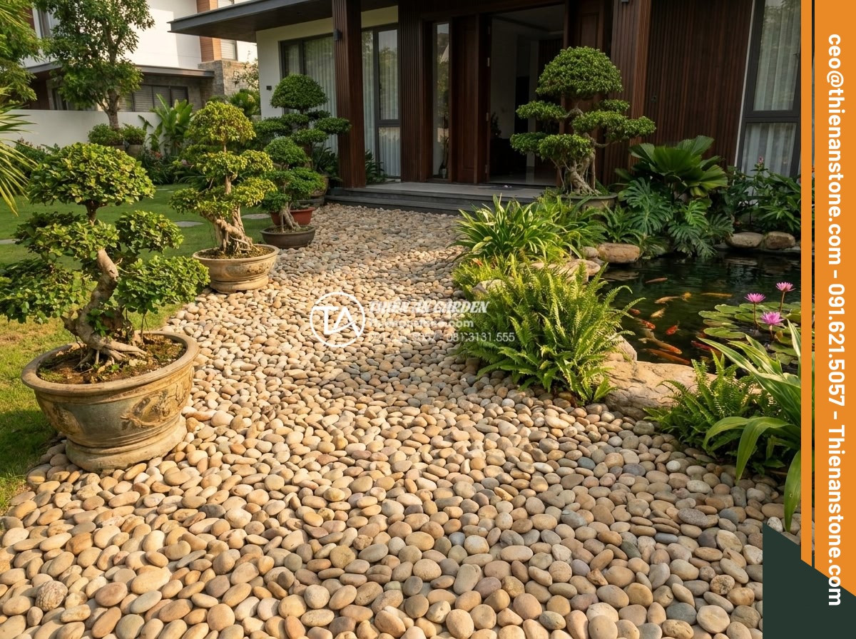 Lựa chọn kích thước đá cuội phù hợp cho lối đi tiểu cảnh sân trước - A stunning wide-angle realistic photograph of a luxurious Vietnamese front yard 