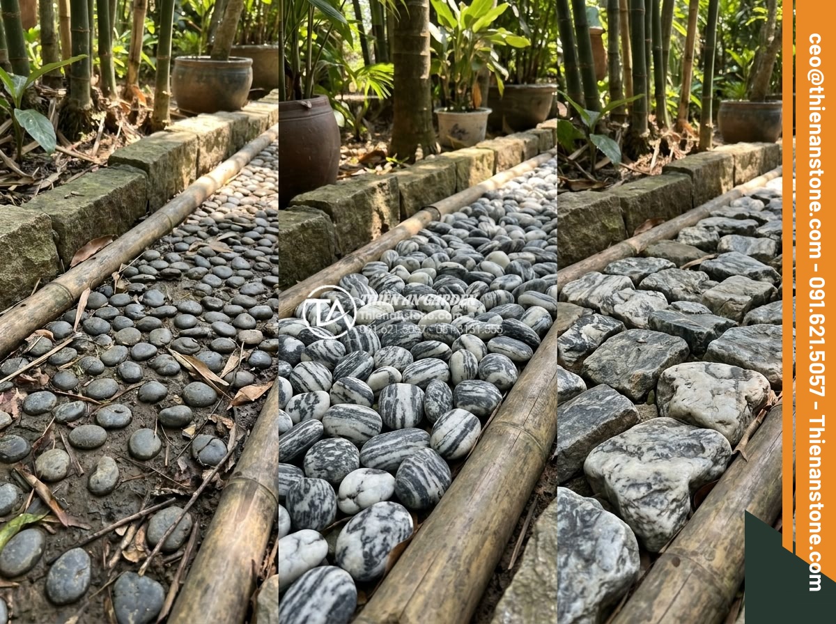 Lựa chọn kích thước đá cuội phù hợp cho lối đi tiểu cảnh sân trước - Informative realistic comparison infographic style photograph showing three diff