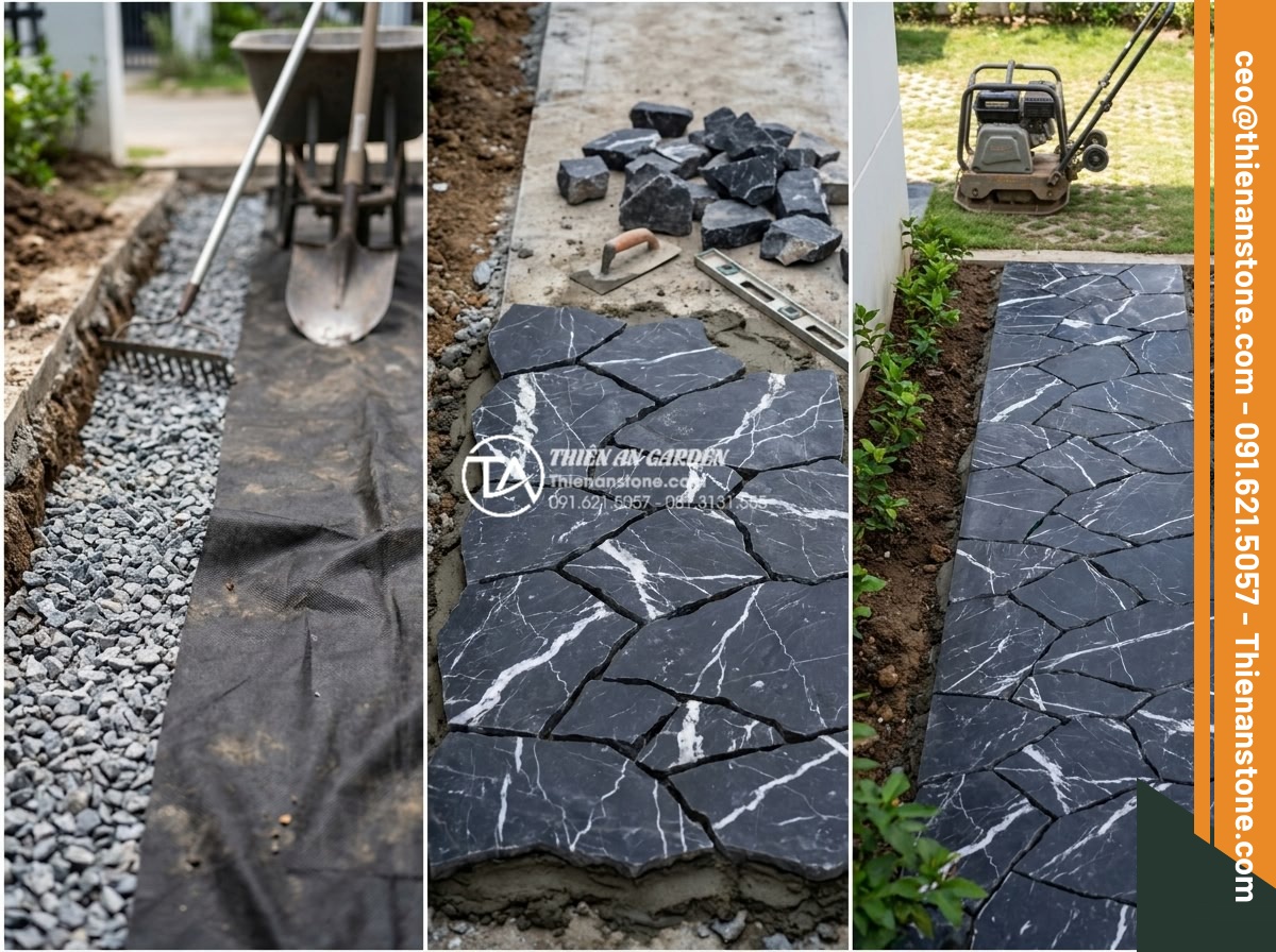 Lựa chọn kích thước đá cuội phù hợp cho lối đi tiểu cảnh sân trước - Step-by-step professional construction photography showing expert workers from T