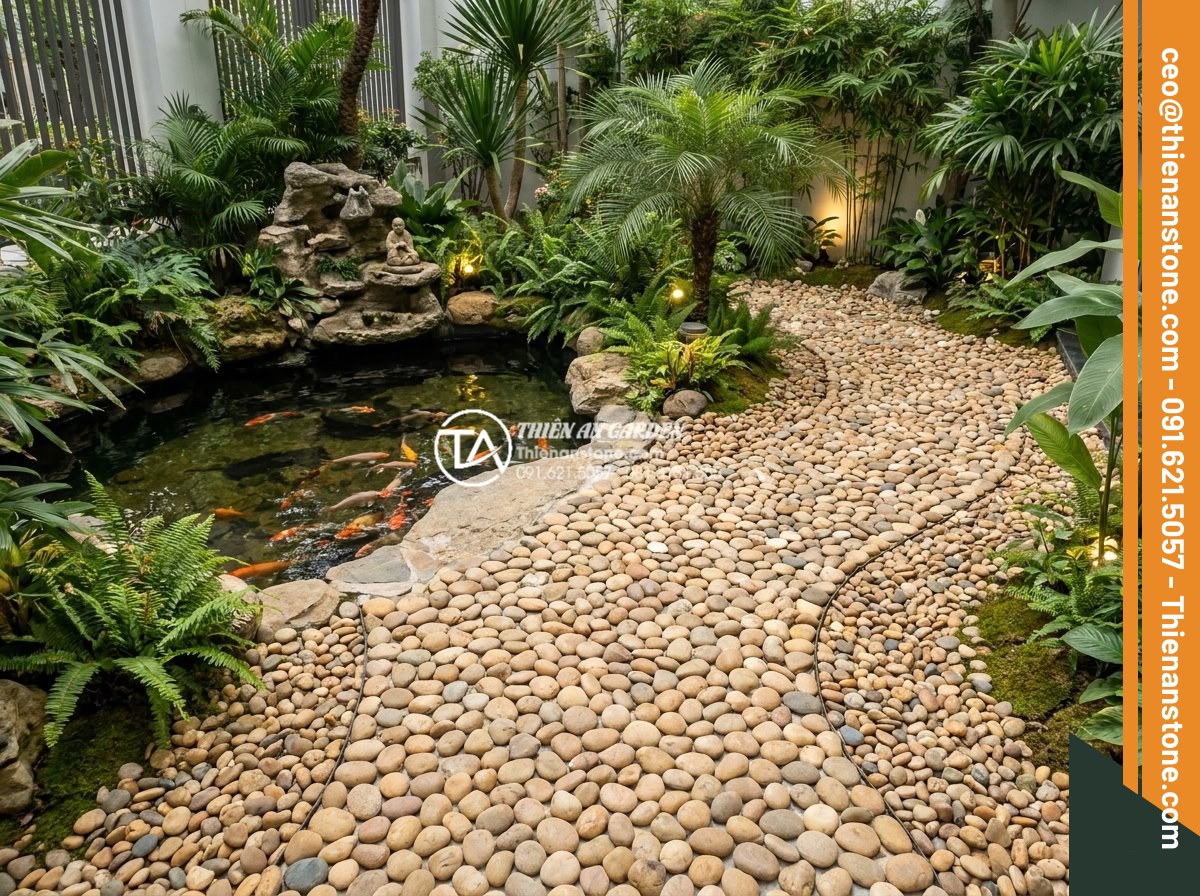 Lựa chọn kích thước đá cuội phù hợp cho lối đi tiểu cảnh sân trước - Harmonious realistic photograph of an integrated front yard design featuring a p