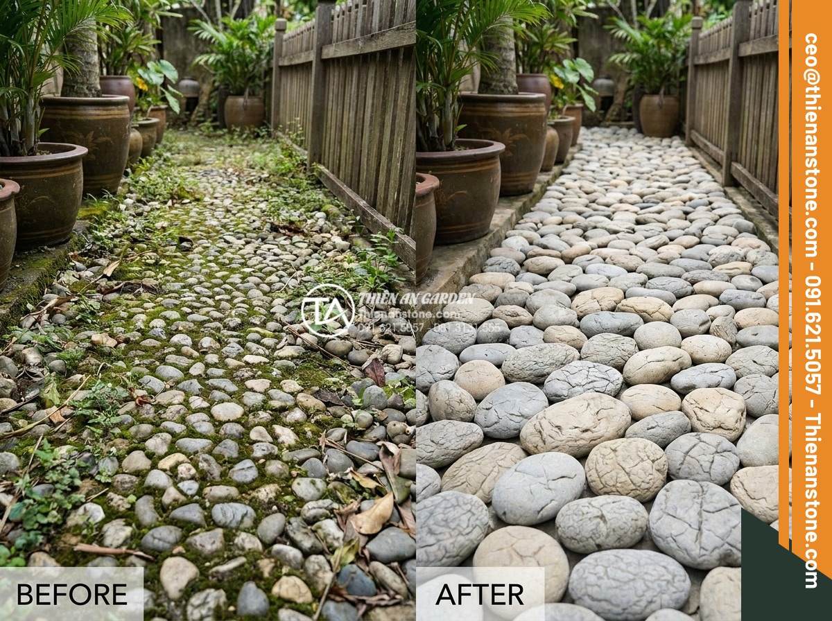 Lựa chọn kích thước đá cuội phù hợp cho lối đi tiểu cảnh sân trước - Before and after realistic comparison photograph of a pebble stone garden pathwa