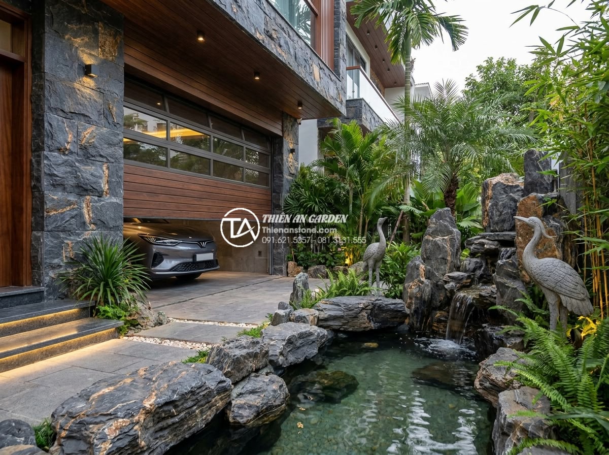 Mẫu thiết kế tiểu cảnh sân trước kết hợp chỗ để xe thông minh - Hình 4 Mẫu thiết kế tiểu cảnh sân trước kết hợp chỗ để xe thông minh - High-end Vietnamese townhouse front yard with luxurious integrated smart garage,