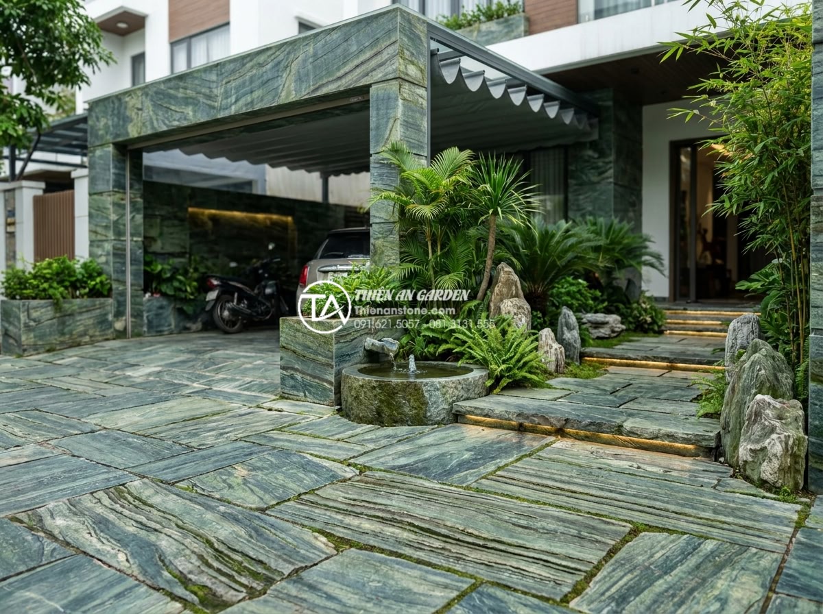 Mẫu thiết kế tiểu cảnh sân trước kết hợp chỗ để xe thông minh - Hình 6 Mẫu thiết kế tiểu cảnh sân trước kết hợp chỗ để xe thông minh - Smart integrated front yard design for Vietnamese townhouse showing functional c
