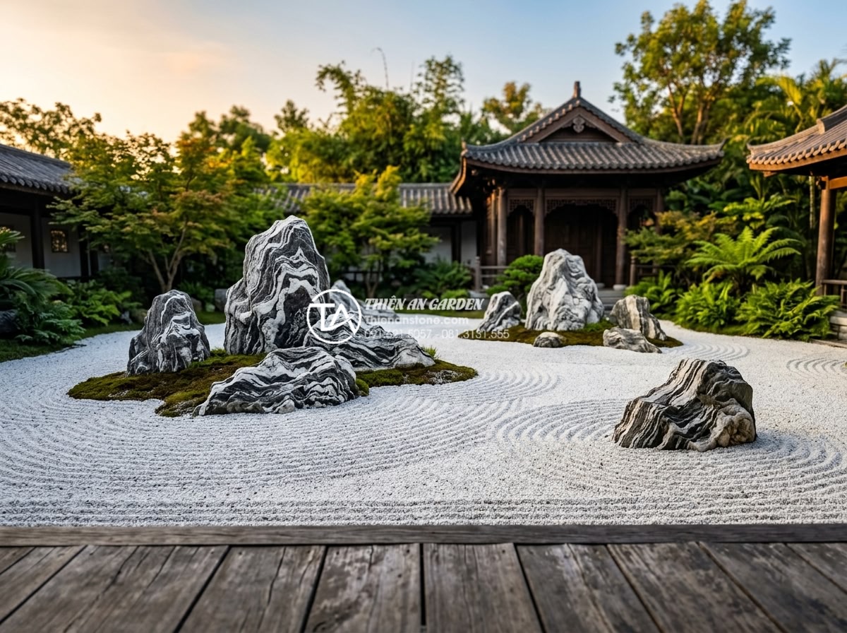 Mẫu tiểu cảnh non bộ Nhật Bản: Sự tối giản đầy tinh tế cho không gian tĩnh lặng - Hình 1 Mẫu tiểu cảnh non bộ Nhật Bản: Sự tối giản đầy tinh tế cho không gian tĩnh lặng - Professional high-resolution photograph of a classic Japanese karesansui dry lan