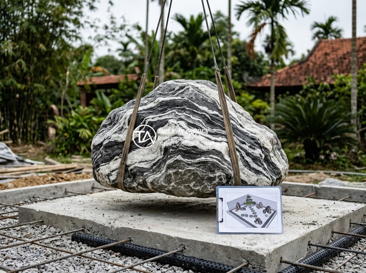 Mẫu tiểu cảnh non bộ Nhật Bản: Sự tối giản đầy tinh tế cho không gian tĩnh lặng - Hình 8 Mẫu tiểu cảnh non bộ Nhật Bản: Sự tối giản đầy tinh tế cho không gian tĩnh lặng - Step-by-step construction process of a Japanese dry garden showing professional