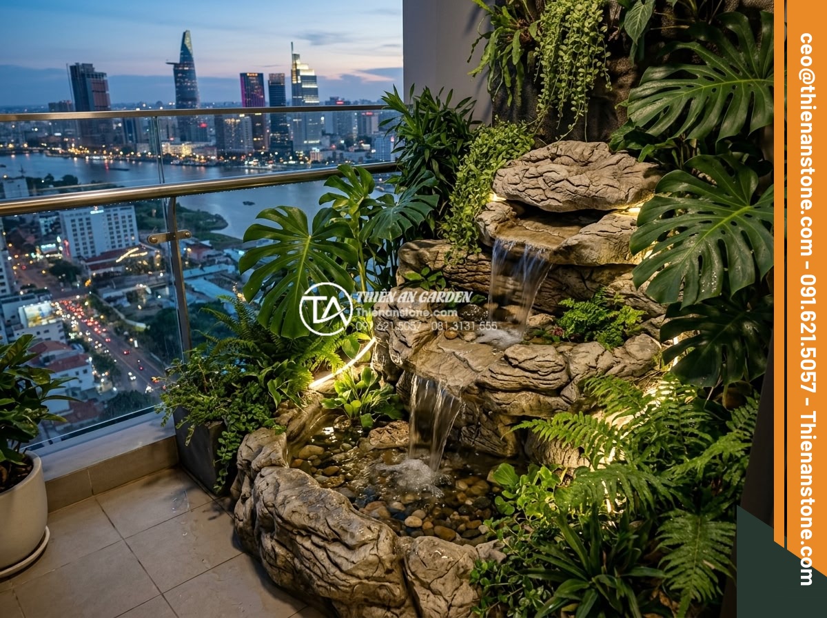 Mẫu tiểu cảnh thác nước ban công chung cư: Mang thiên nhiên vào căn hộ - Photorealistic image of a modern high-rise apartment balcony featuring a compact