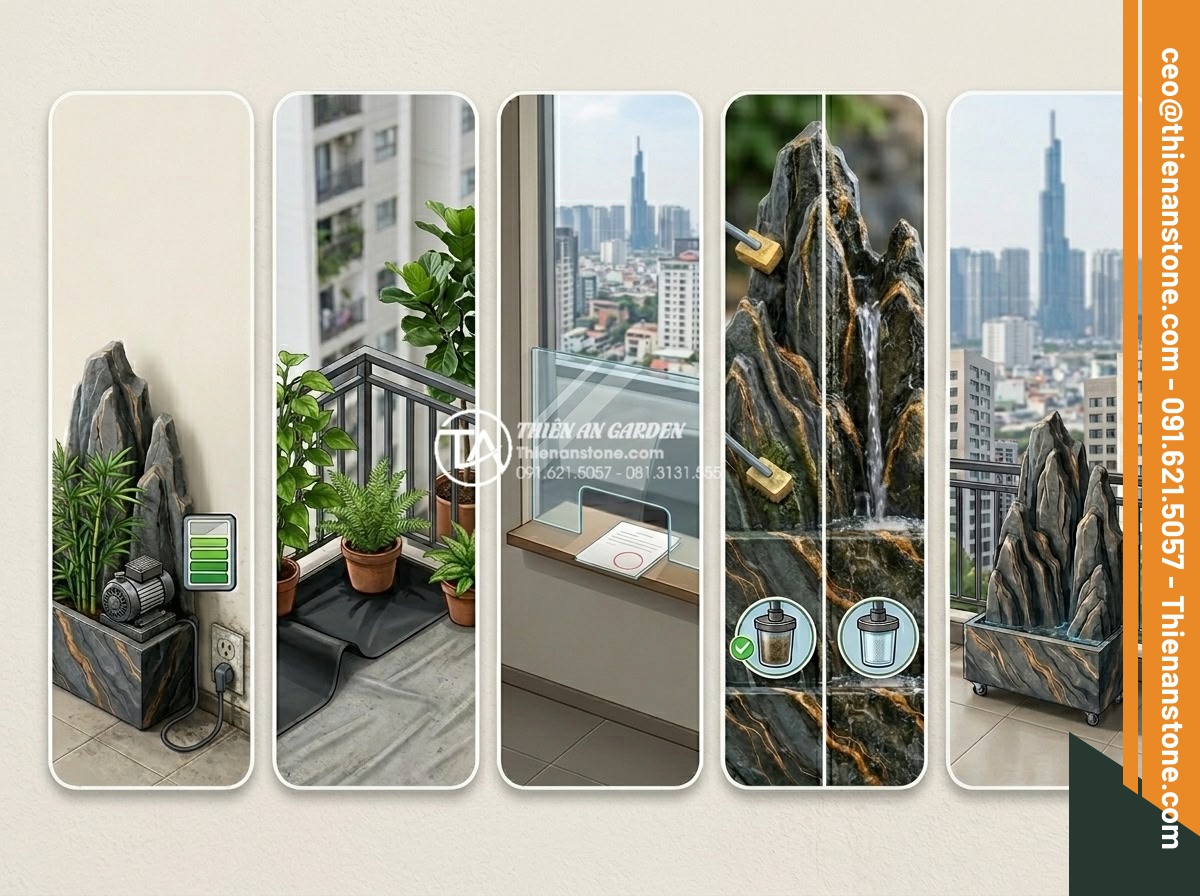 Mẫu tiểu cảnh thác nước ban công chung cư: Mang thiên nhiên vào căn hộ - Clean modern FAQ illustration with icons representing electricity consumption, w