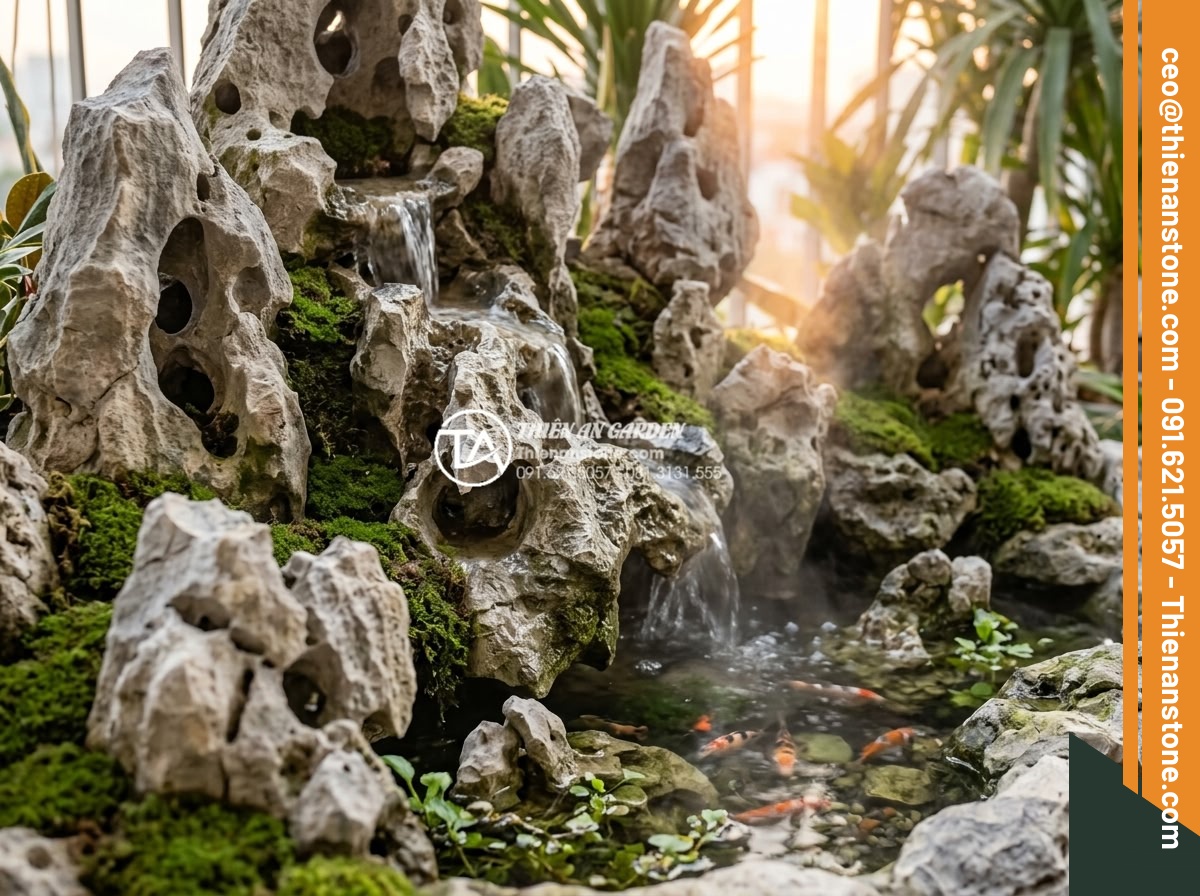 Mẫu tiểu cảnh thác nước ban công chung cư: Mang thiên nhiên vào căn hộ - Close-up realistic photo of cascading water over hand-carved natural sandstone r