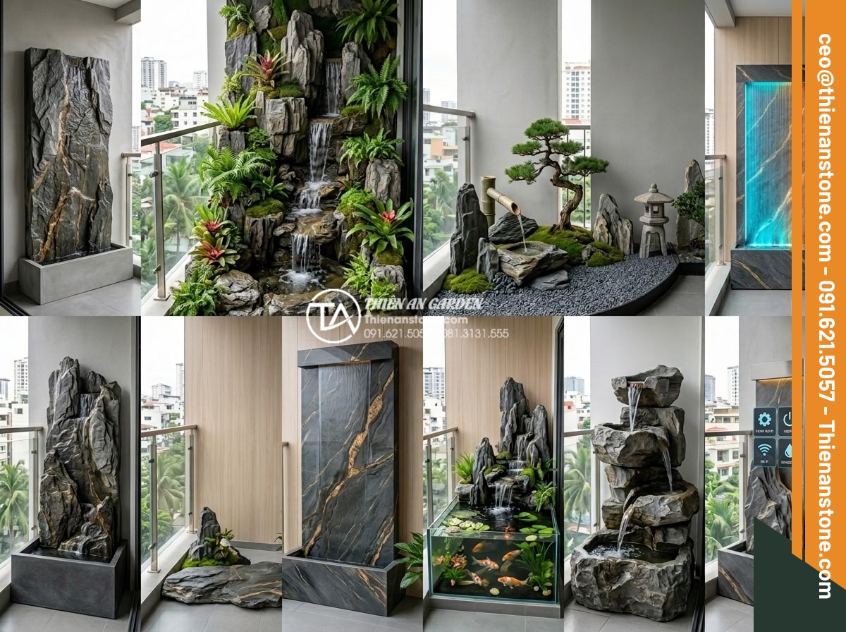 Mẫu tiểu cảnh thác nước ban công chung cư: Mang thiên nhiên vào căn hộ - High-resolution realistic rendering of eight different balcony waterfall designs