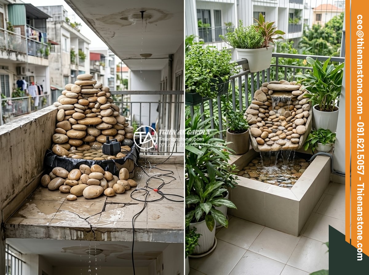 Mẫu tiểu cảnh thác nước ban công chung cư: Mang thiên nhiên vào căn hộ - Realistic cautionary image showing common mistakes in balcony waterfall installa