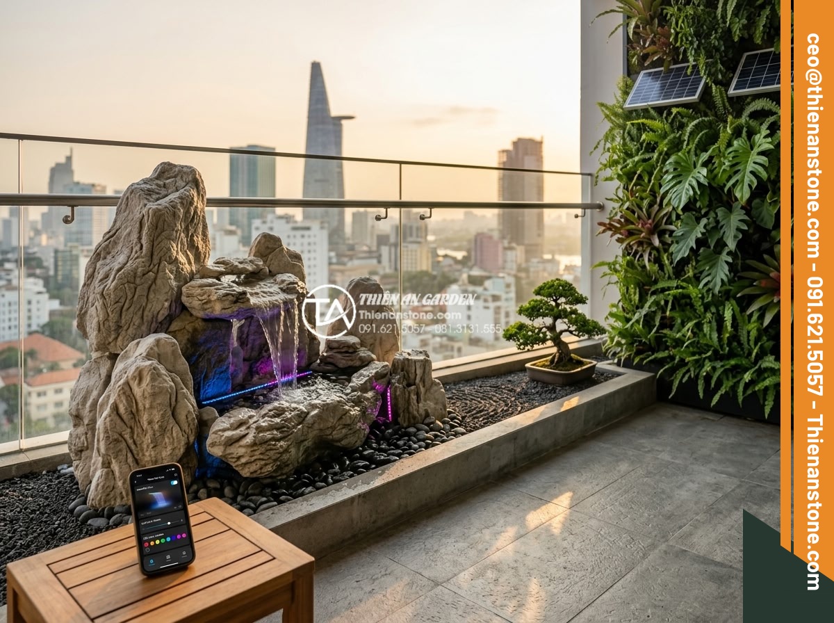 Mẫu tiểu cảnh thác nước ban công chung cư: Mang thiên nhiên vào căn hộ - Futuristic yet realistic image of 2026 trending balcony waterfall designs: smart