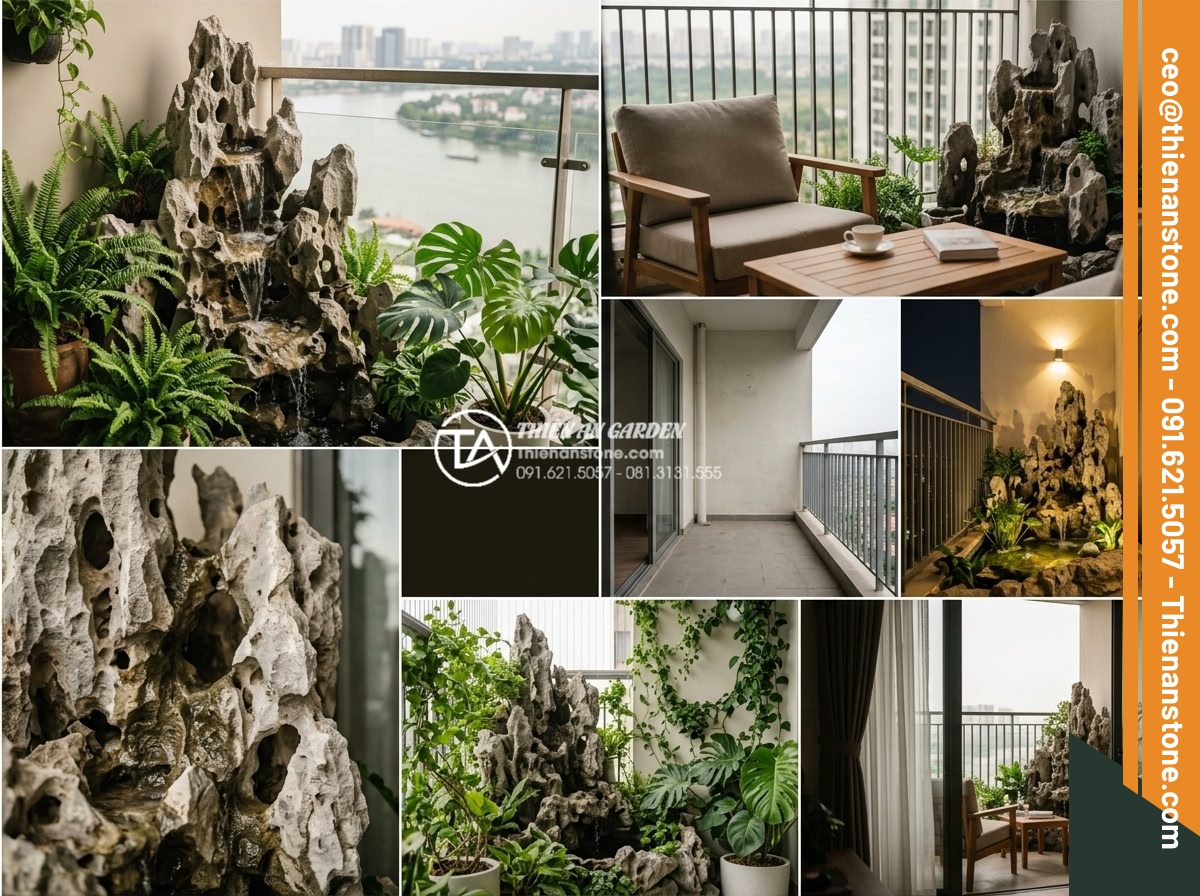 Mẫu tiểu cảnh thác nước ban công chung cư: Mang thiên nhiên vào căn hộ - Real customer testimonial style photo collage showing actual installed balcony w
