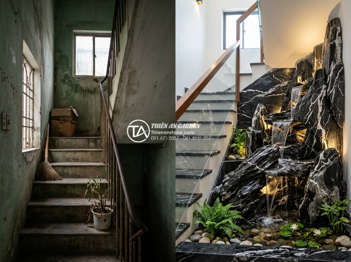 Mẫu tiểu cảnh thác nước gầm cầu thang: Mang sinh khí vào góc chết ngôi nhà - Before and after comparison photo of gloomy staircase area transformed into beau